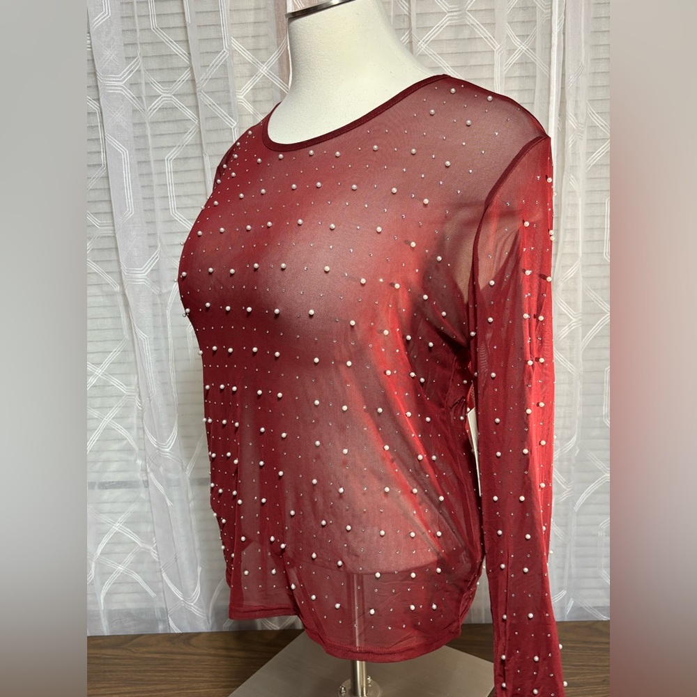 FREE KISSES 2XL Sheer Burgundy Long Sleeve Top Embellished w/pear like beads and
